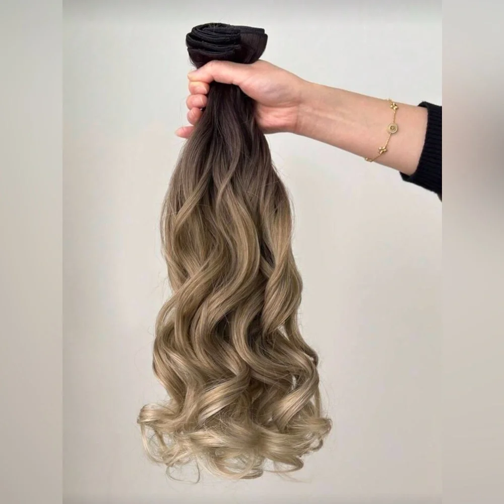 Human hair blend 22 Inch Balayage Brown & Blonde Clip in Curly Hair Extensions